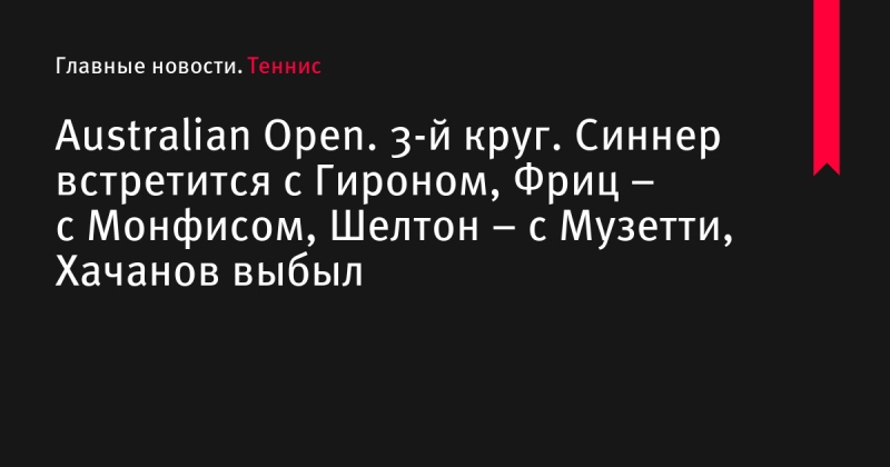 Australian Open. 3-й круг. Синнер встретится с Гироном, Фриц – с Монфисом, Шелтон – с Музетти, Хачанов выбыл